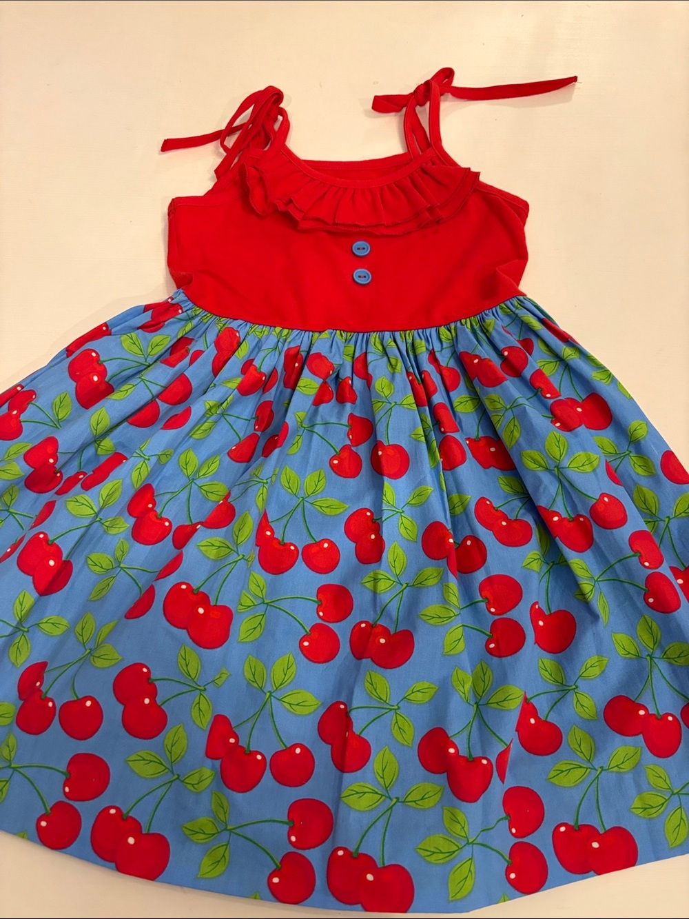 Eleanor Rose Red & Blue Cherry Print Girls' Dress: 5/6
